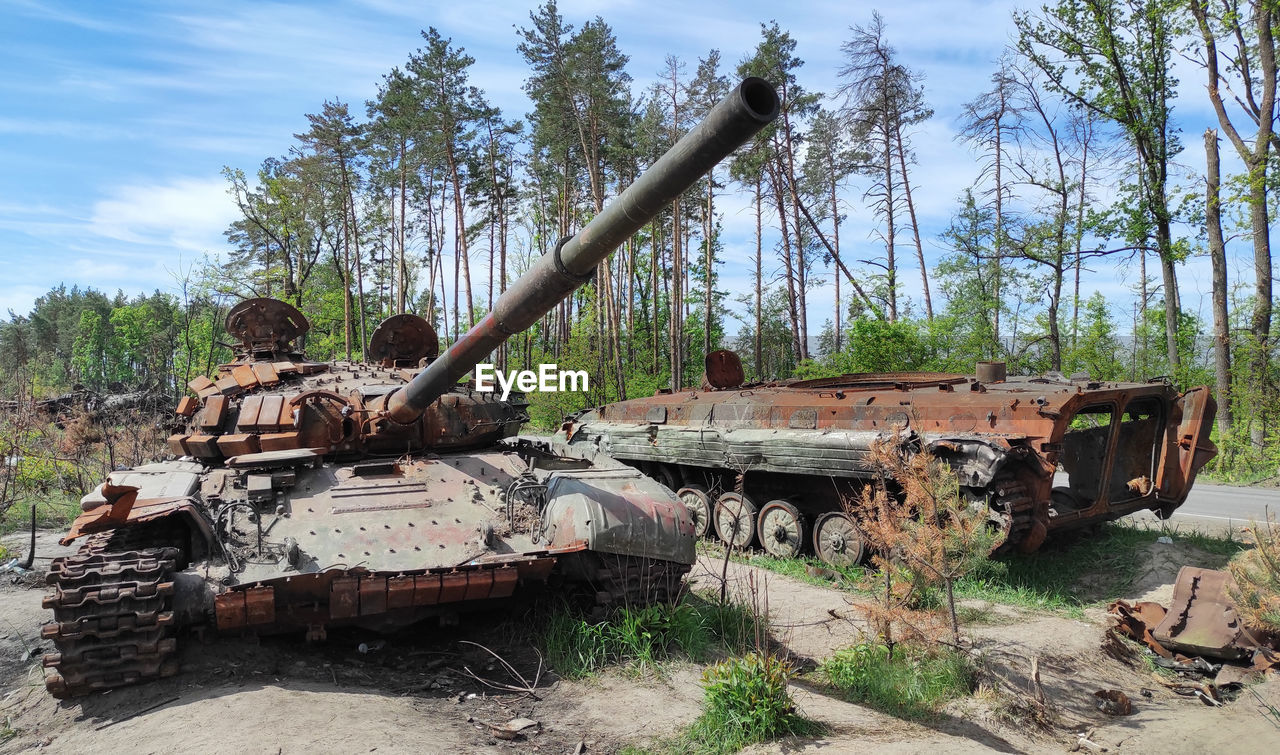 tank, weapon, tree, vehicle, transportation, military, land, plant, nature, mode of transportation, day, self-propelled artillery, sky, damaged, combat vehicle, abandoned, metal, land vehicle, history, no people, armored tank, rusty, the past, conflict, outdoors, fighting, old, war, cloud, destruction