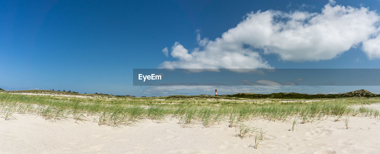 Panoramic view of field against blue sky