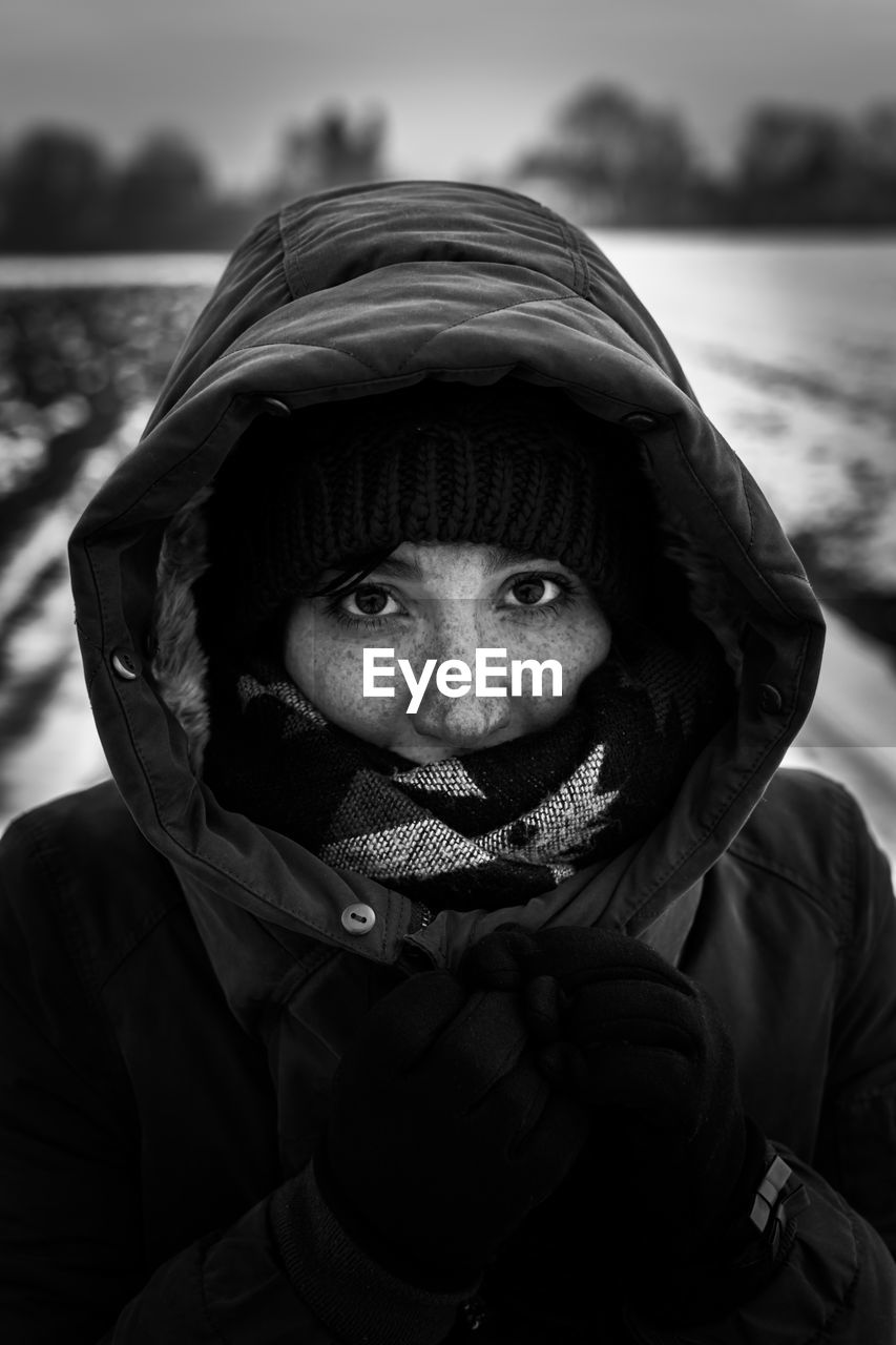 Close-up portrait of woman during. winter