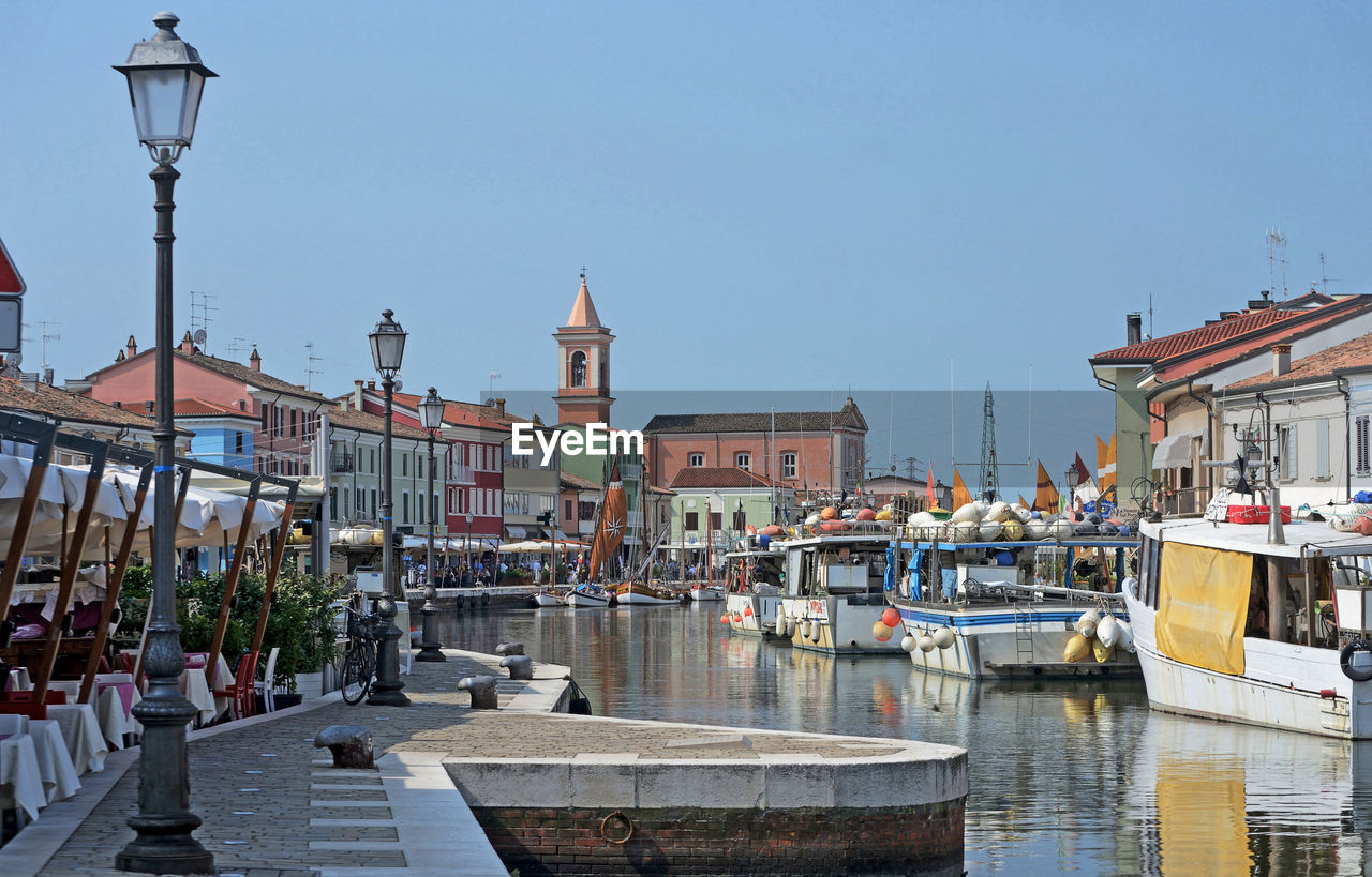 View of buildings in cesenatico harbor