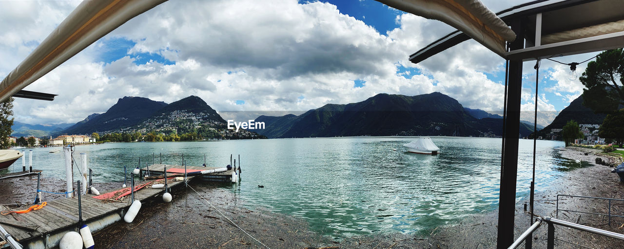 Panoramic view of lake and mountains against sky