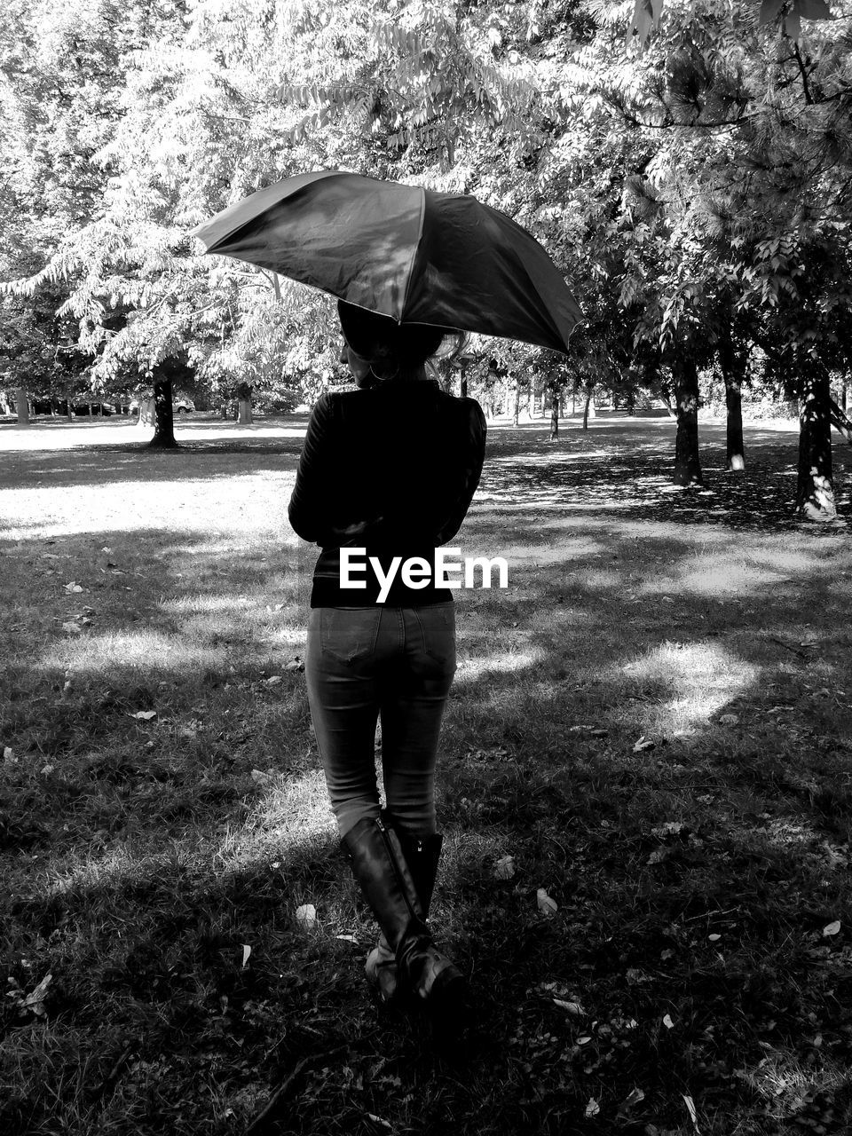 Rear view of woman with umbrella walking in park