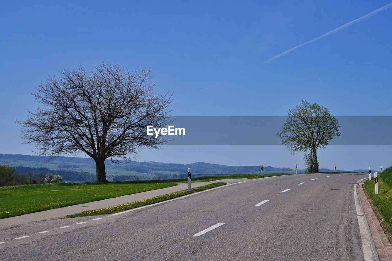 Scenic view of road by trees against blue sky