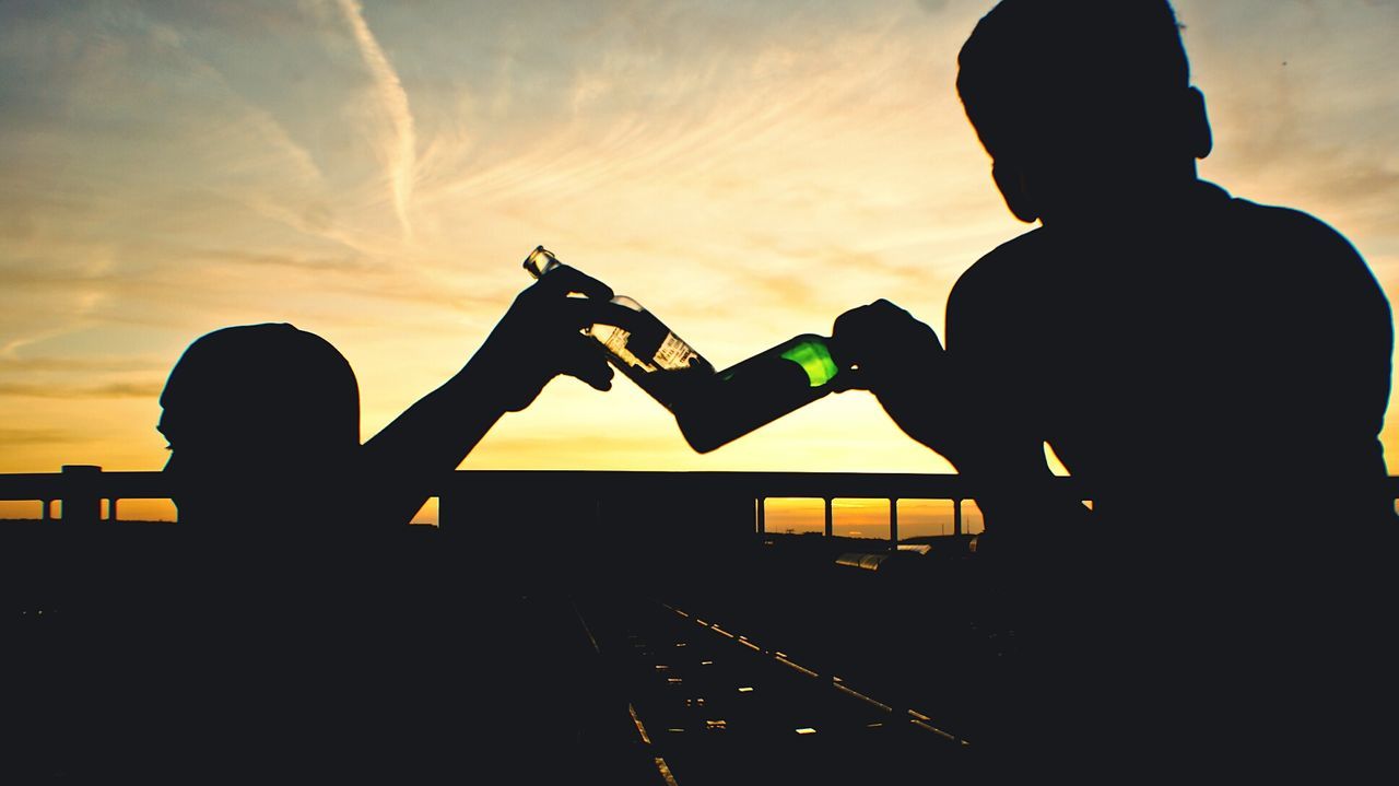 Friends toasting bottles against sky during sunset