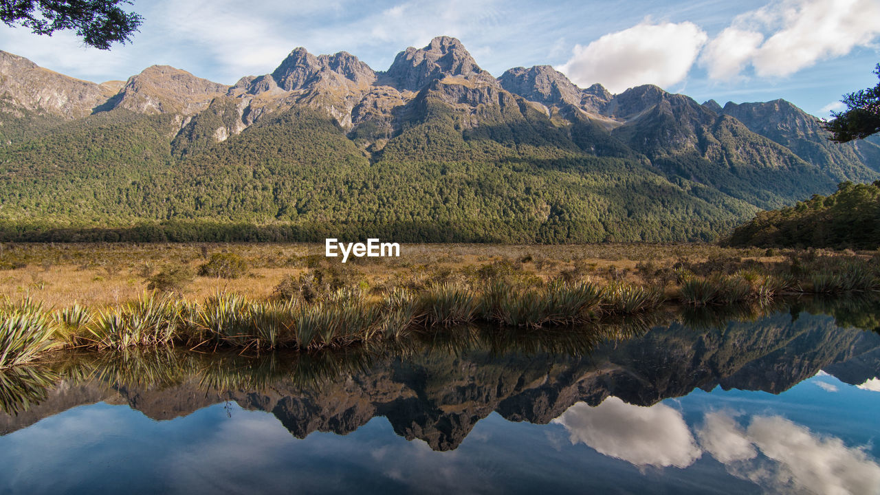 Scenic view of lake and mountains against sky