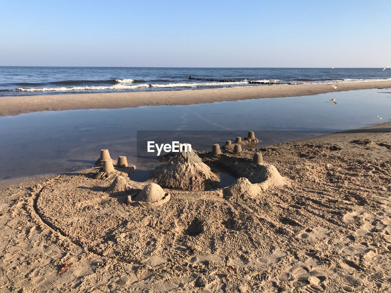 Scenic view of driftwood on beach against sky