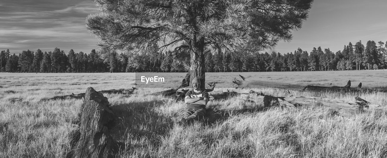 Man sitting by tree on grassy field