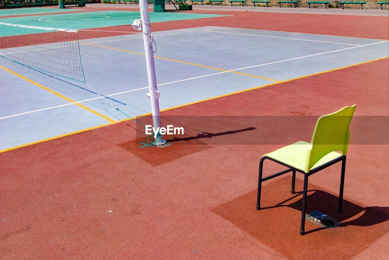 High angle view of empty chair in court