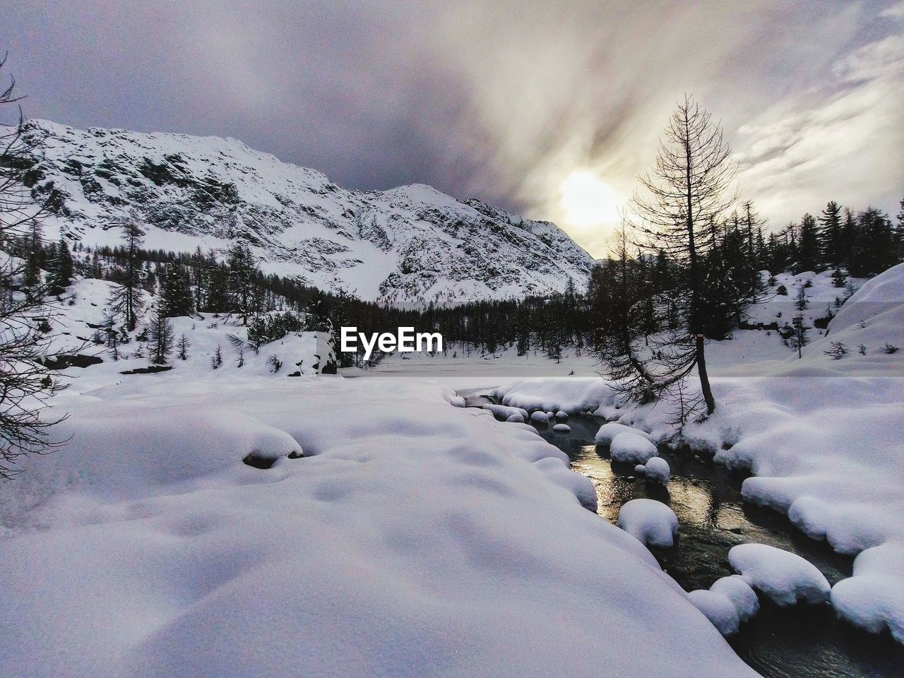 Scenic view of snow covered mountains against sky