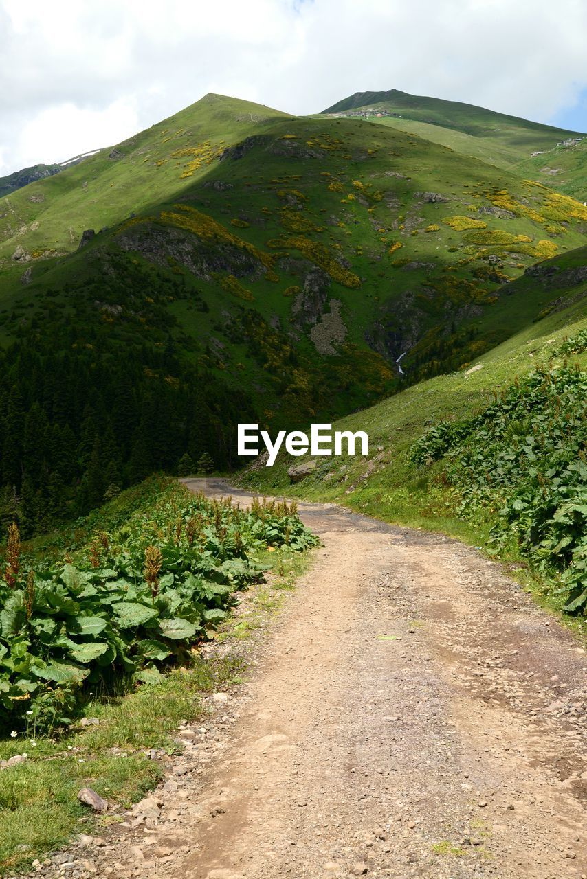 Dirt road leading towards green mountain