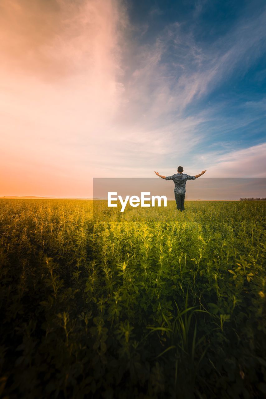 Rear view of man with arms outstretched standing at farm against sky