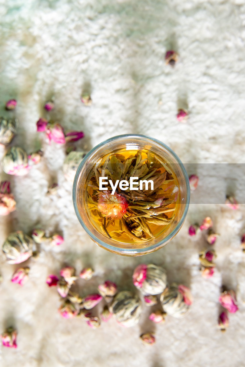 Directly above shot of drink on glass