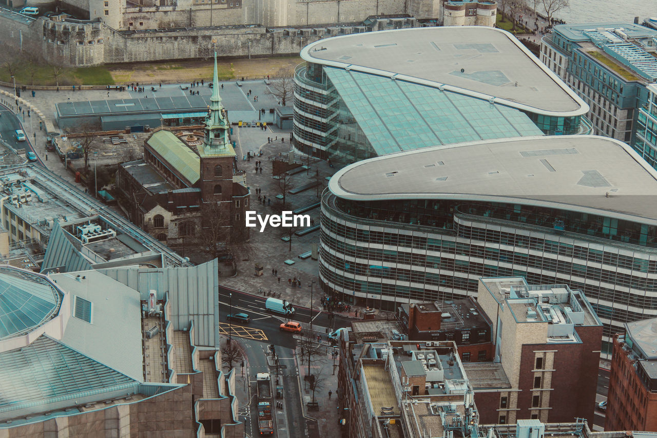 High angle view of buildings shot grafitti in london 