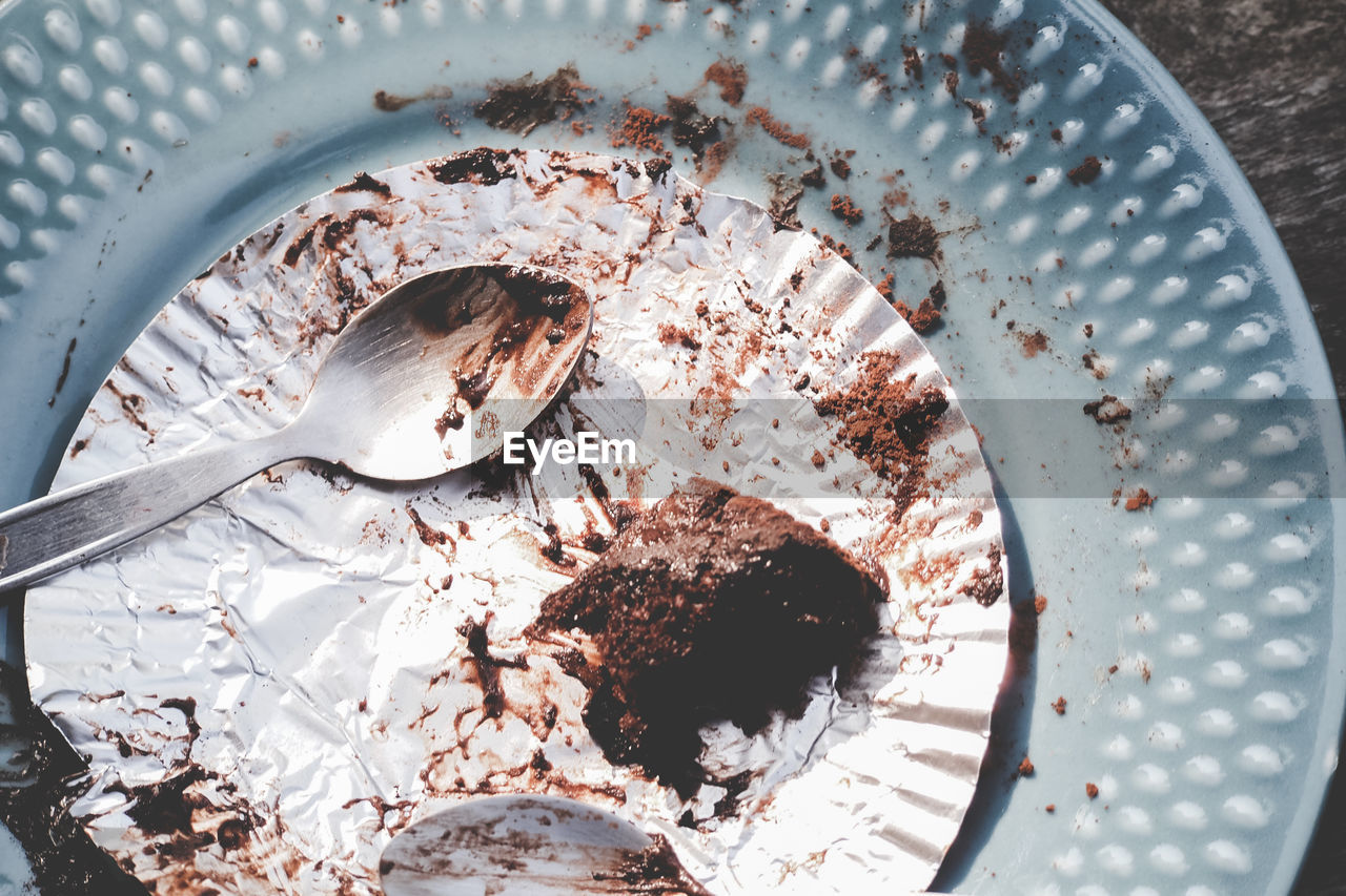 HIGH ANGLE VIEW OF CHOCOLATE CAKE IN PLATE