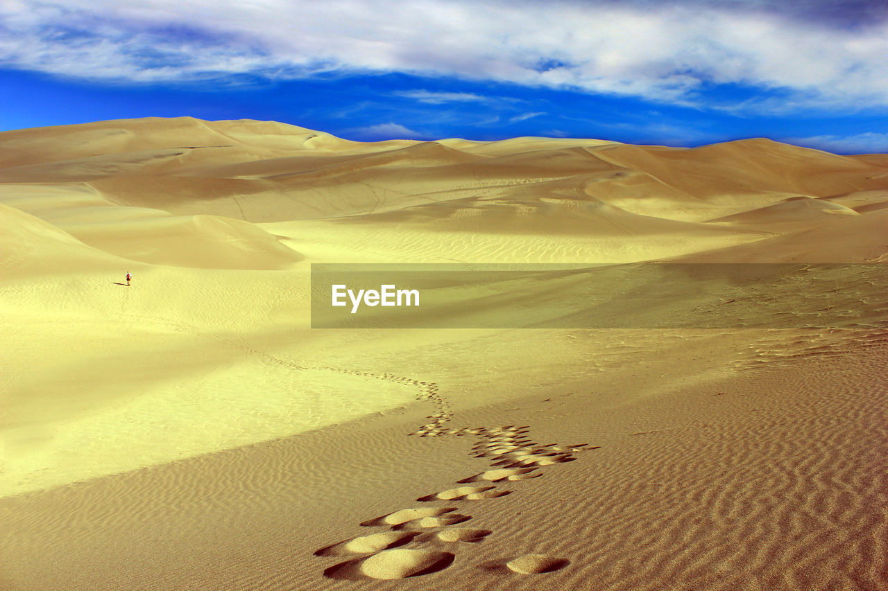 Sand dunes in desert against sky