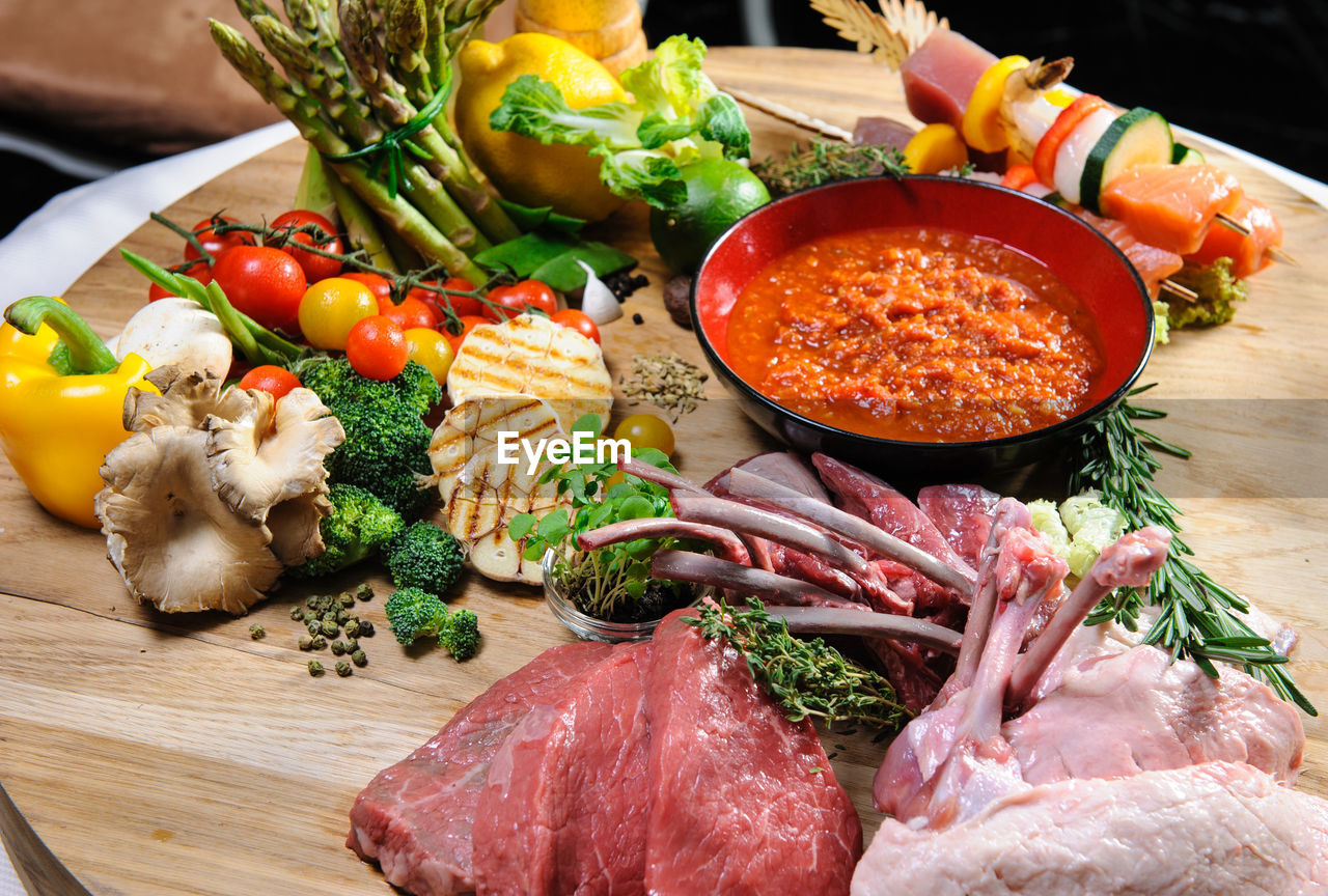 High angle view of raw food on cutting board