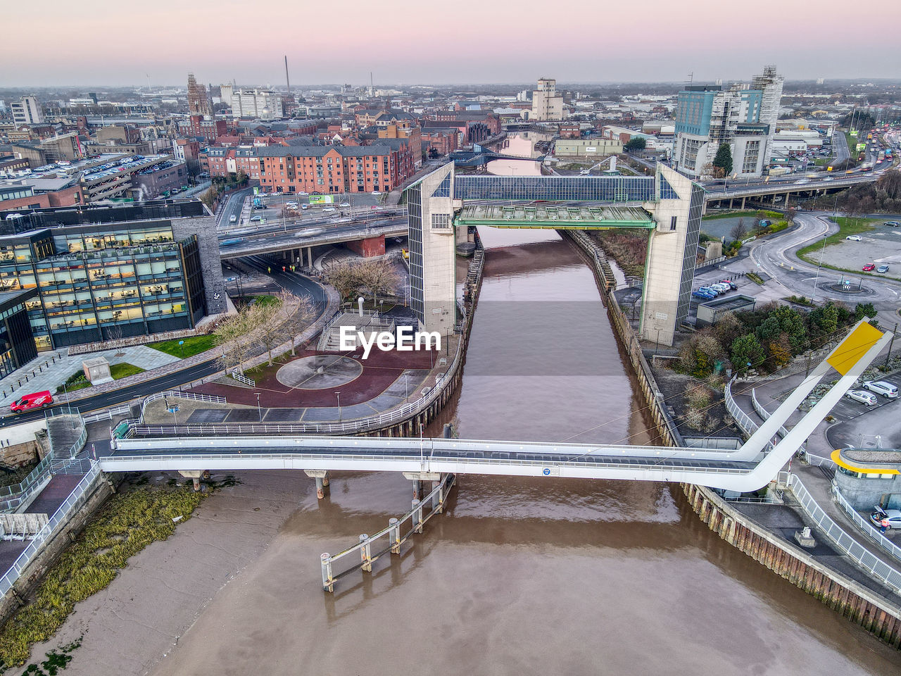 Drone view of the river hull and all bridges through hull, uk