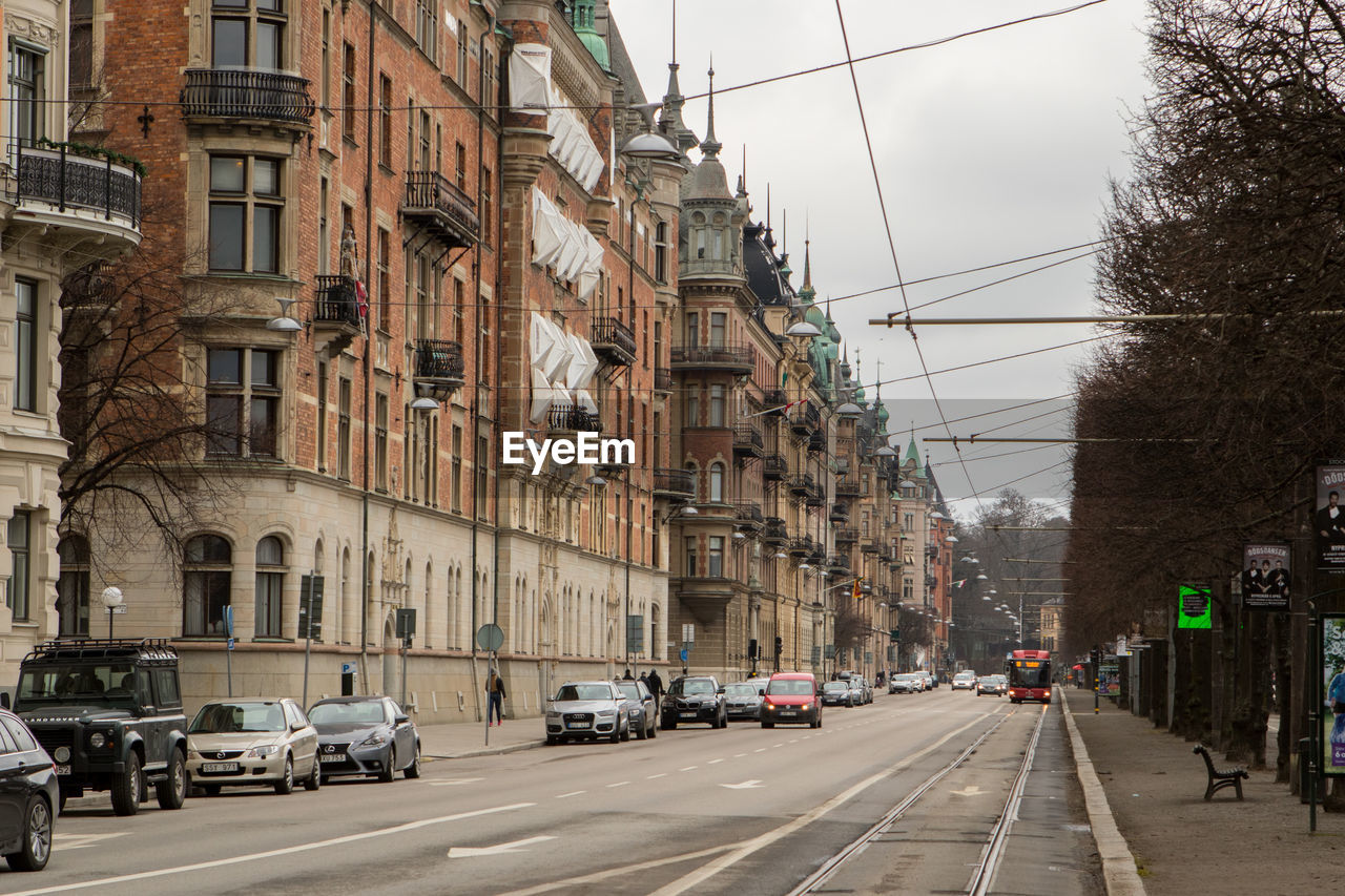 View of city street lined with bare trees against a cloudy sky