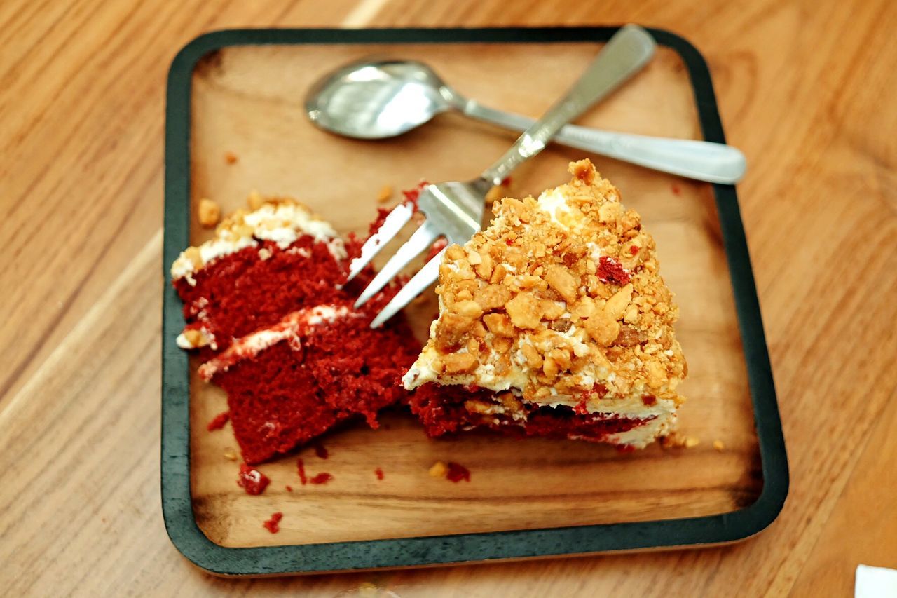 High angle view of dessert on table
