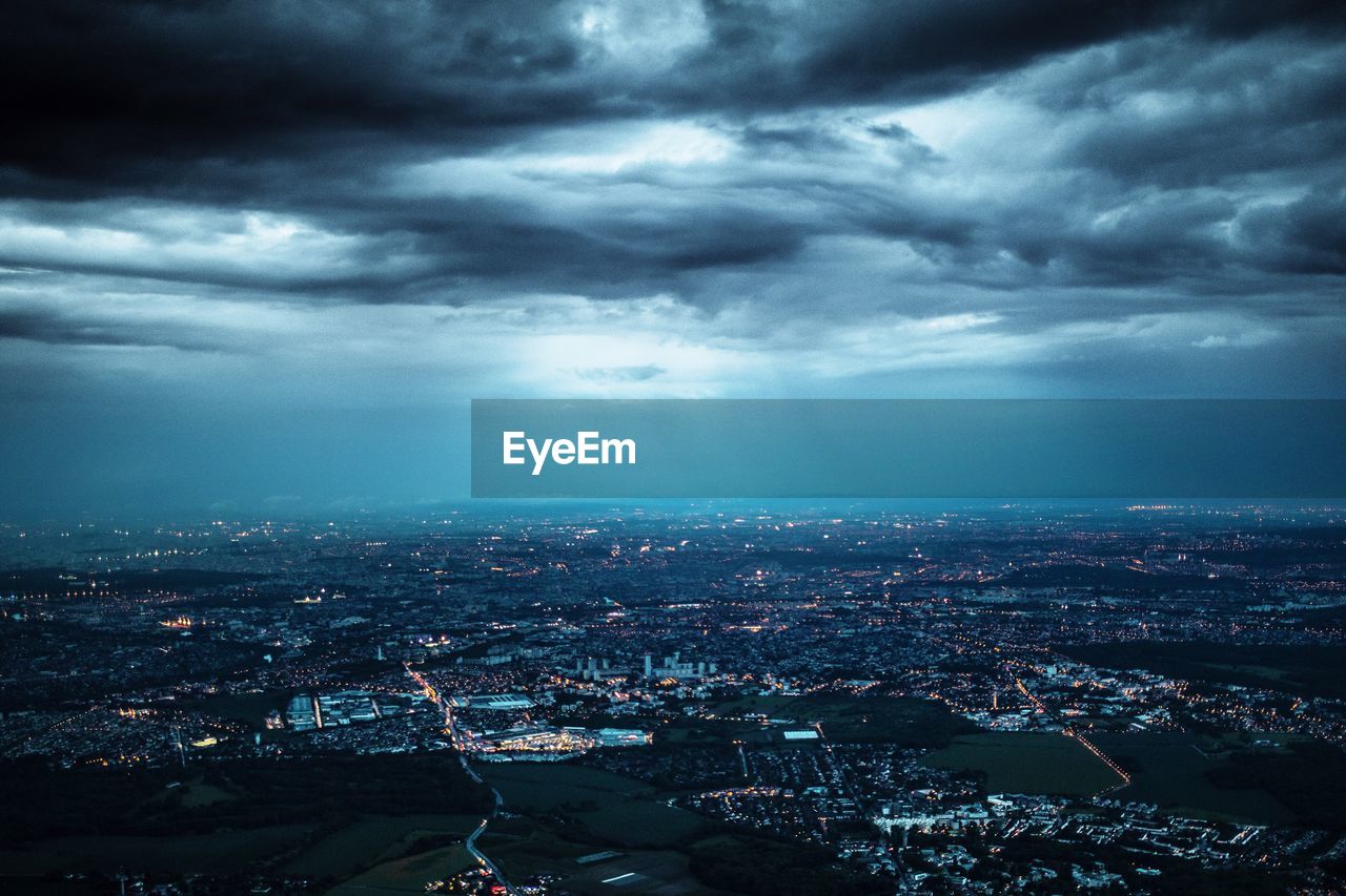 Aerial view of cityscape at night