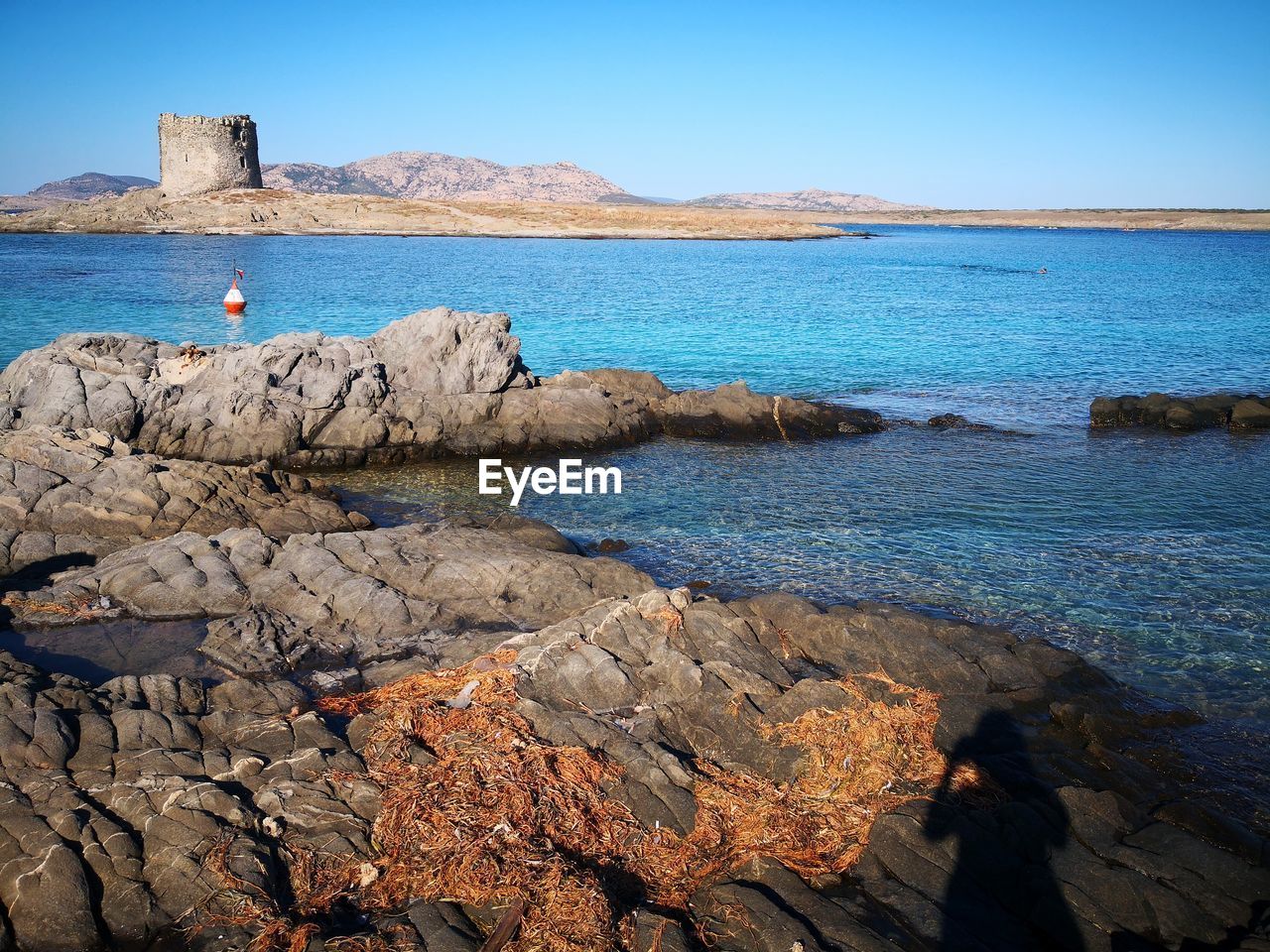 Scenic view of sea against clear blue sky