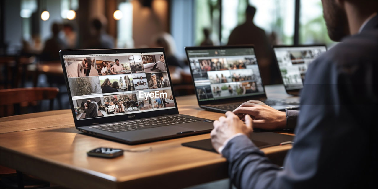 midsection of man using laptop at table