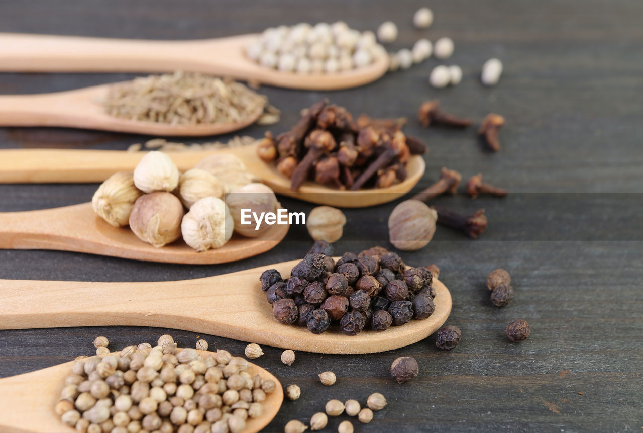 Assortment of spices in spoons lined up on wooden table with selective focus