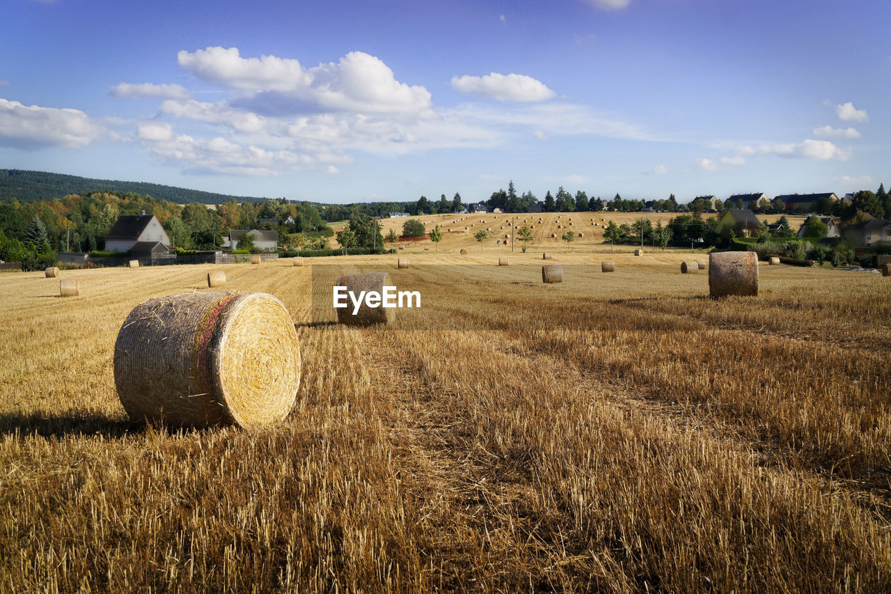 Hay bales on field against sky