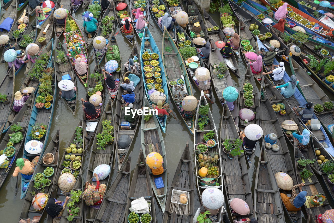 High angle view of people at floating market