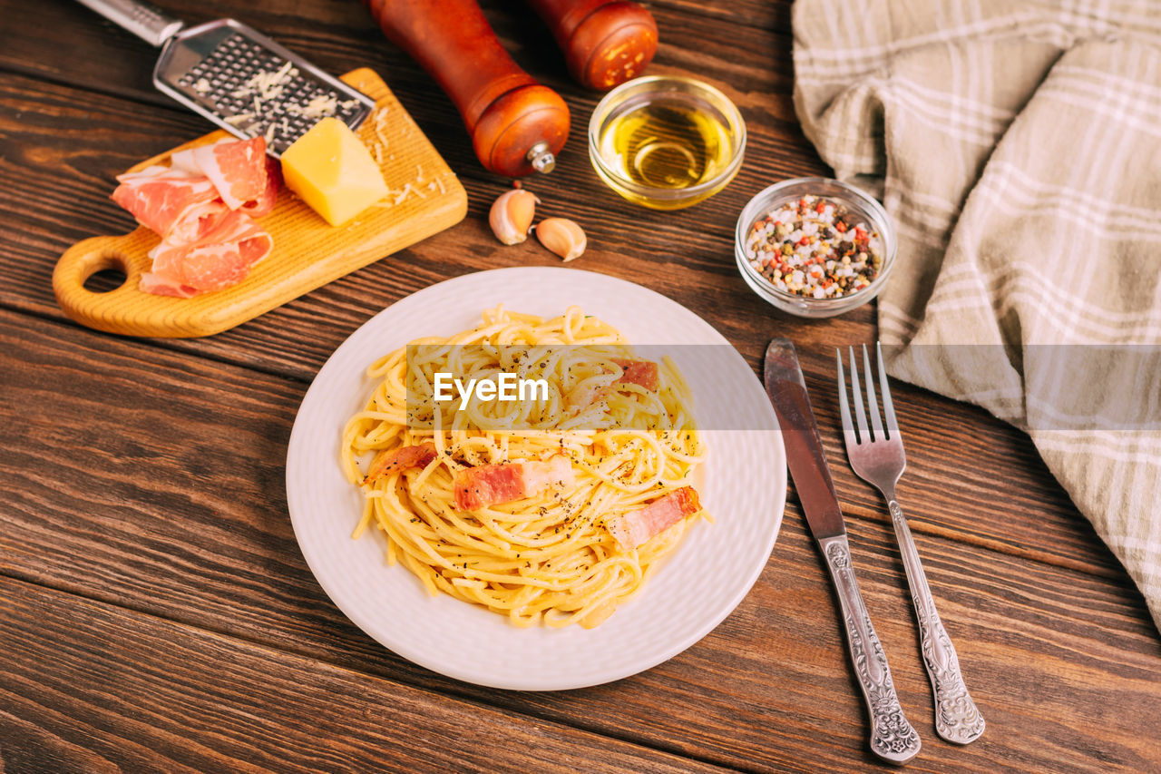 high angle view of food served on table