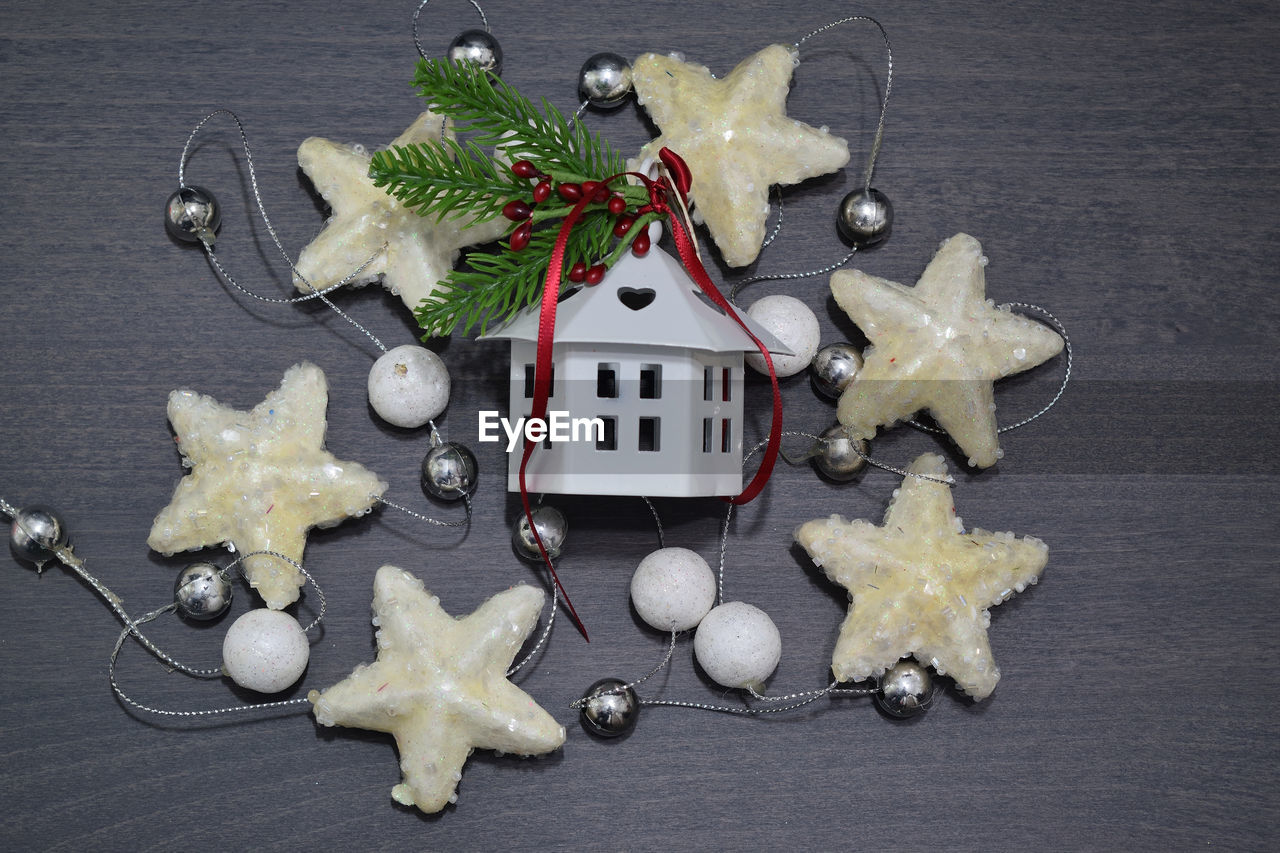 High angle view of christmas decorations on table