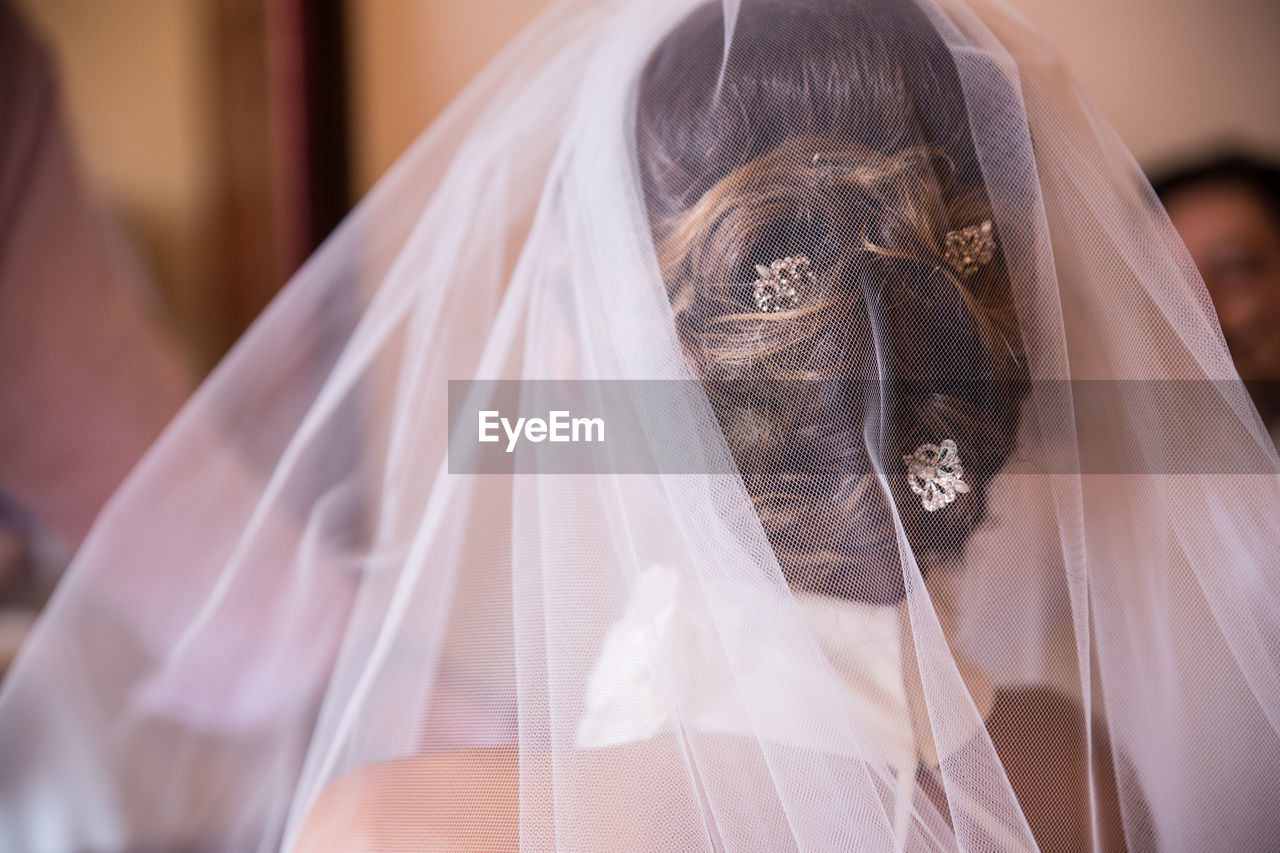 Rear view of bride wearing veil