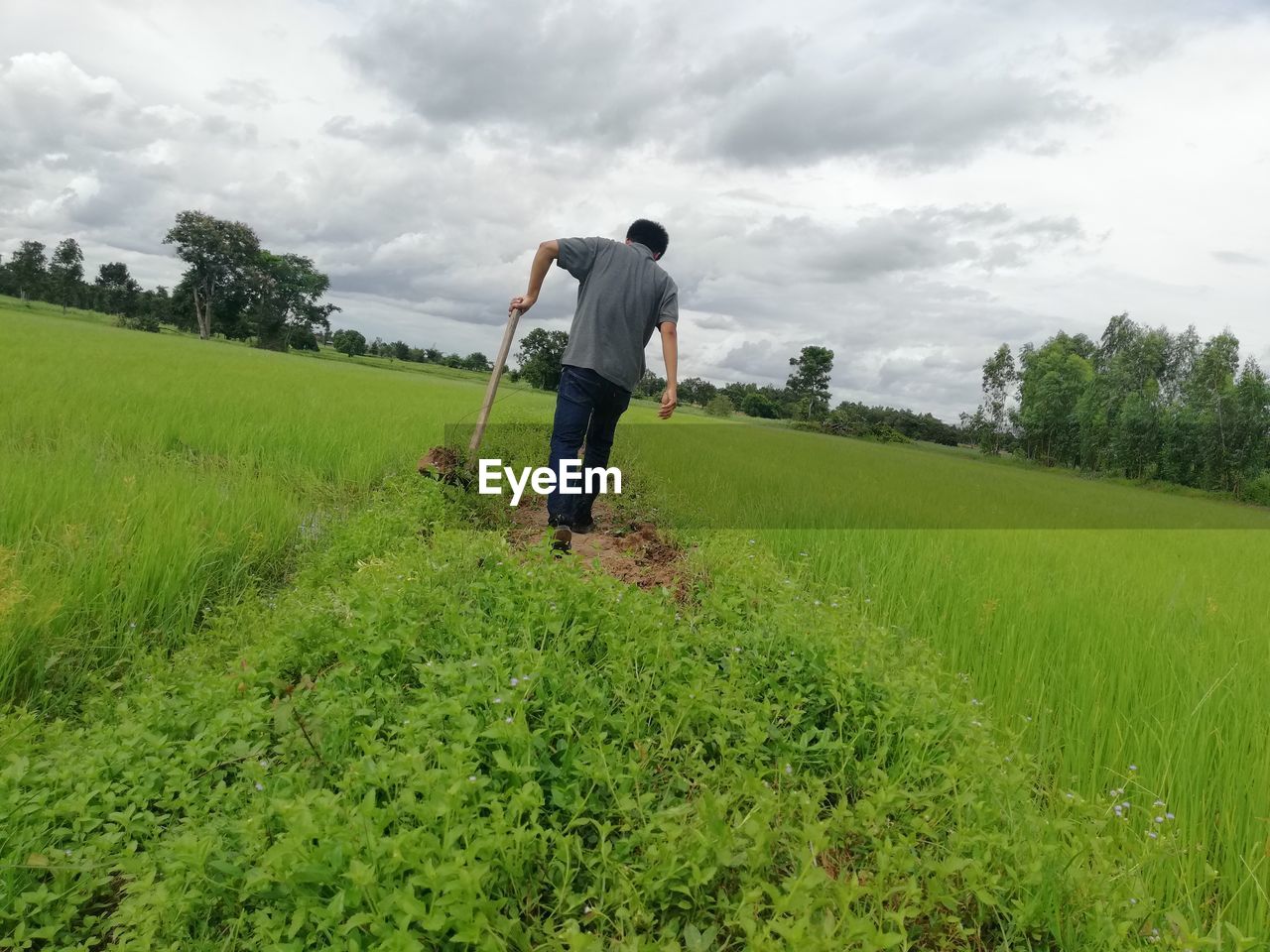 REAR VIEW OF MAN STANDING ON FIELD