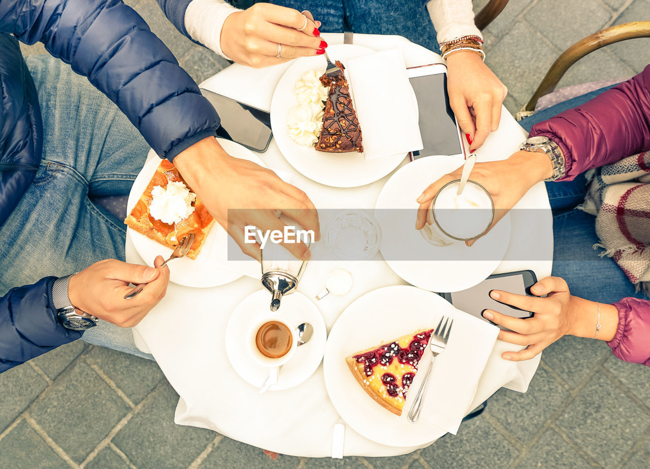 High angle view of people eating food