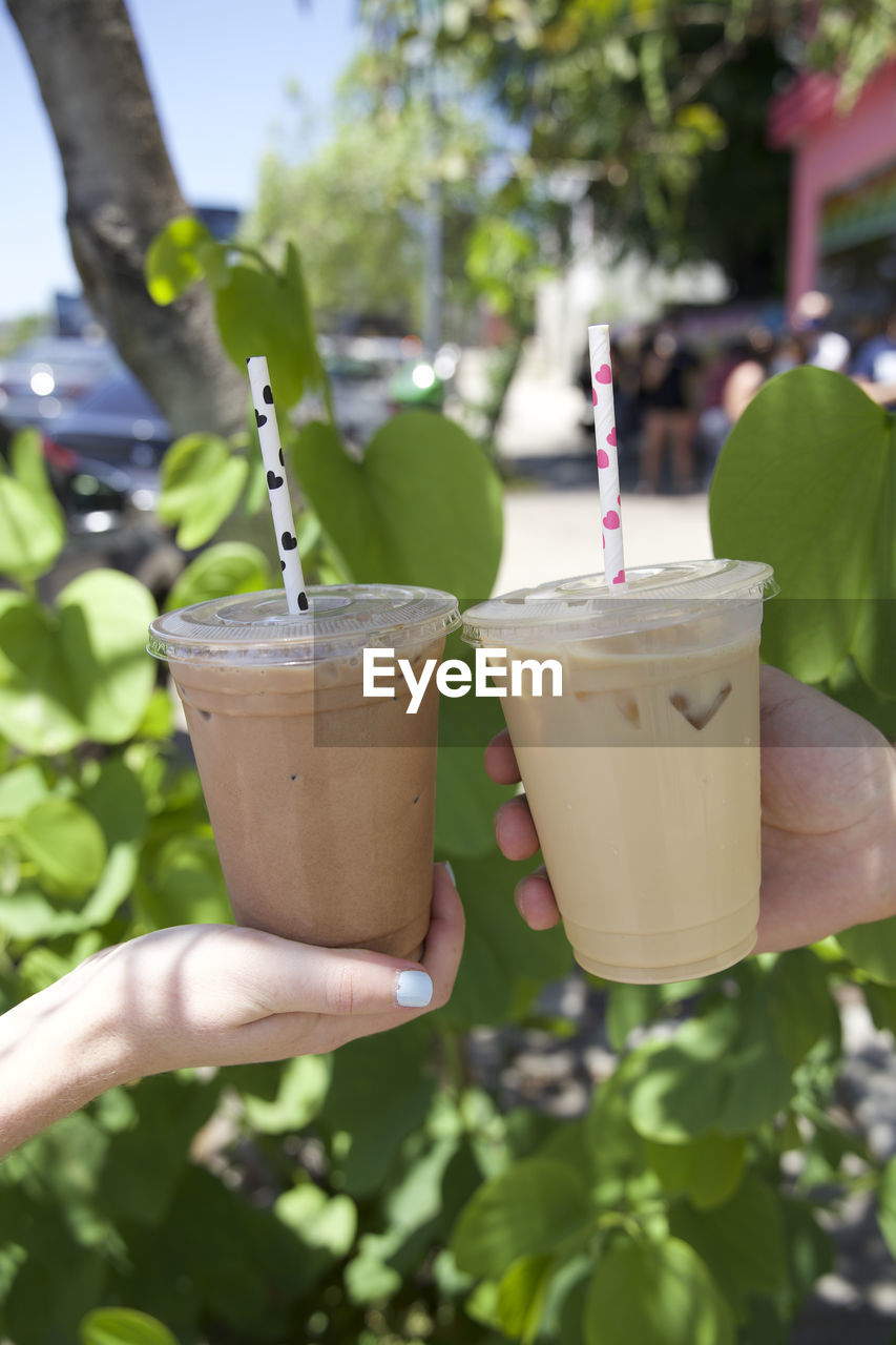 Hands holding two coffee drinks in front of a plant in los angeles, ca