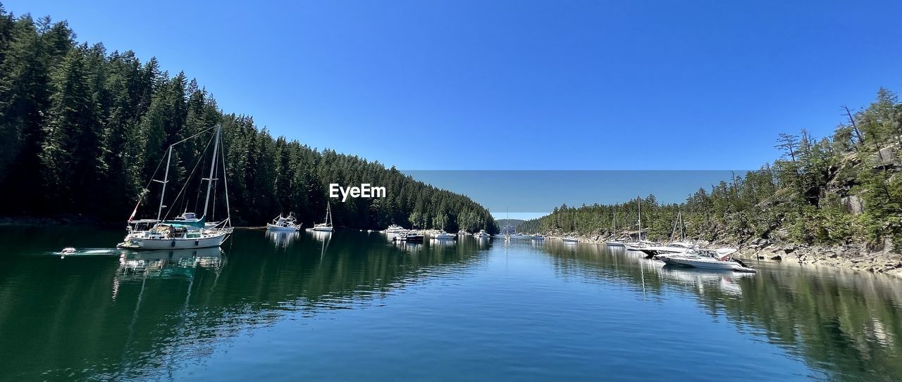 water, tree, nautical vessel, plant, reflection, scenics - nature, sky, body of water, lake, beauty in nature, transportation, nature, tranquility, tranquil scene, mode of transportation, clear sky, no people, blue, boat, forest, land, day, vehicle, pinaceae, mountain, travel, coniferous tree, travel destinations, non-urban scene, pine tree, ship, landscape, environment, idyllic, reservoir, outdoors, pine woodland, moored, boating, tourism, holiday, vacation, waterfront, trip, watercraft