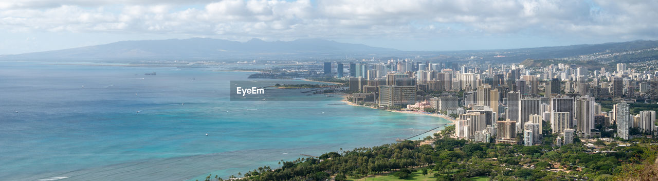 Very wide panoramic shot of coastal city, diamond head lookout,honolulu, hawaii, usa