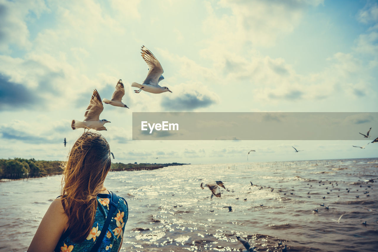 Rear view of woman looking at seagulls flying over sea against cloudy sky