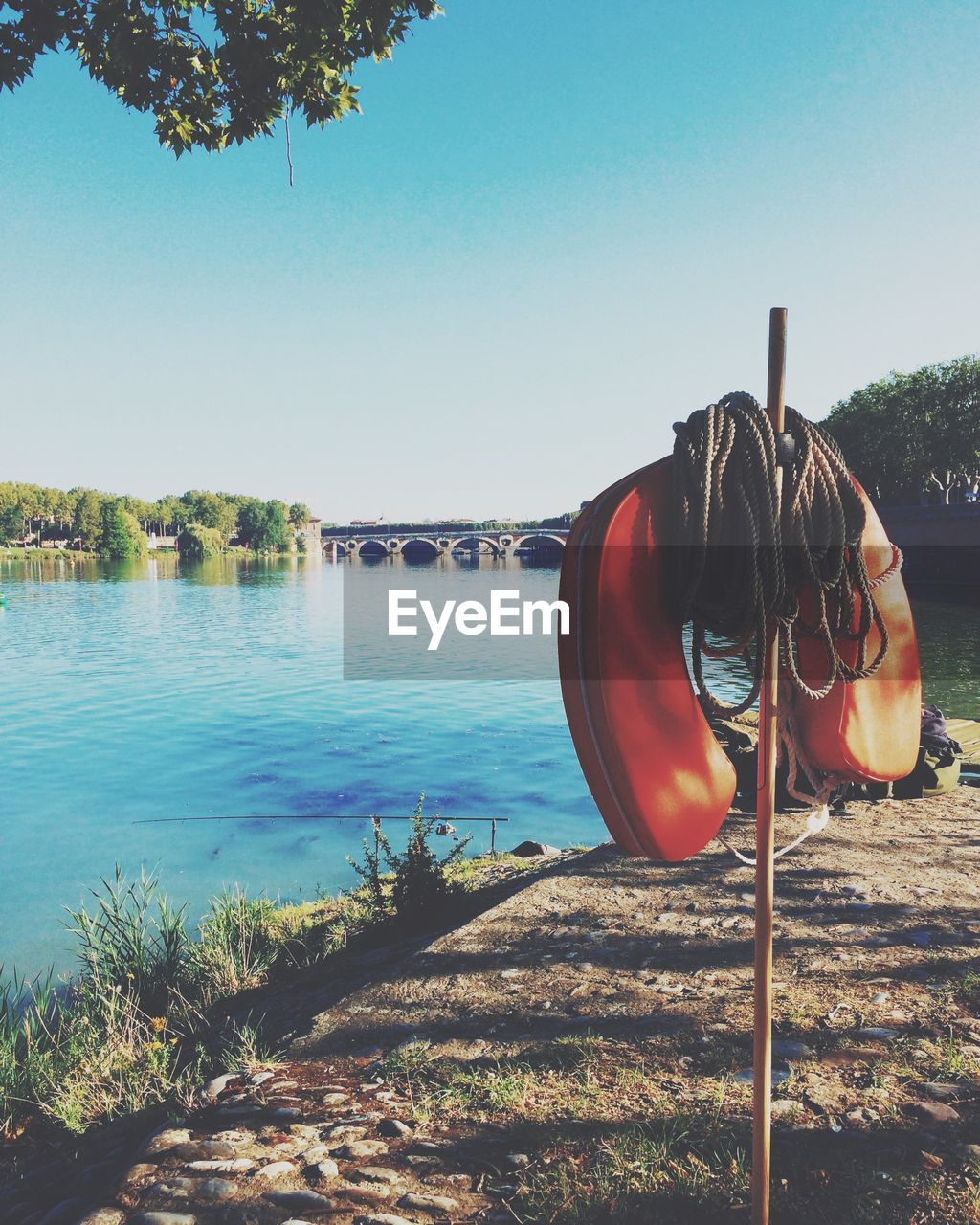 Swimming equipment and rope on stick by river