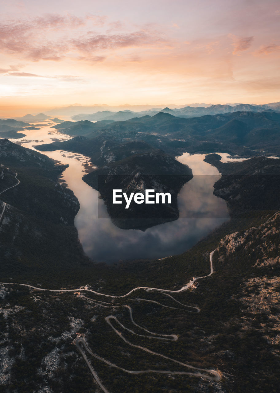 High angle view of mountain against sky during sunset