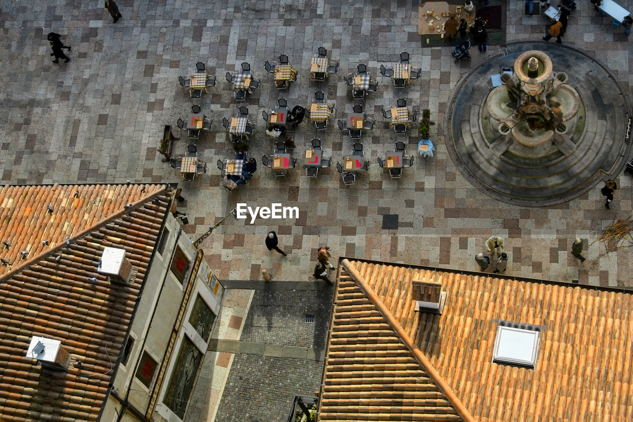 HIGH ANGLE VIEW OF STREET AND BUILDINGS IN CITY