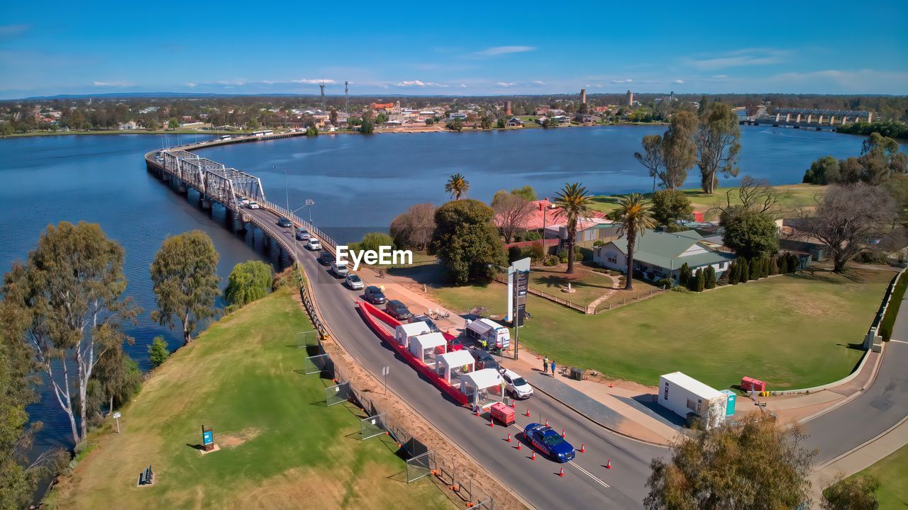 Long line of traffic stretching across the bridge on the border between victoria and new south wales