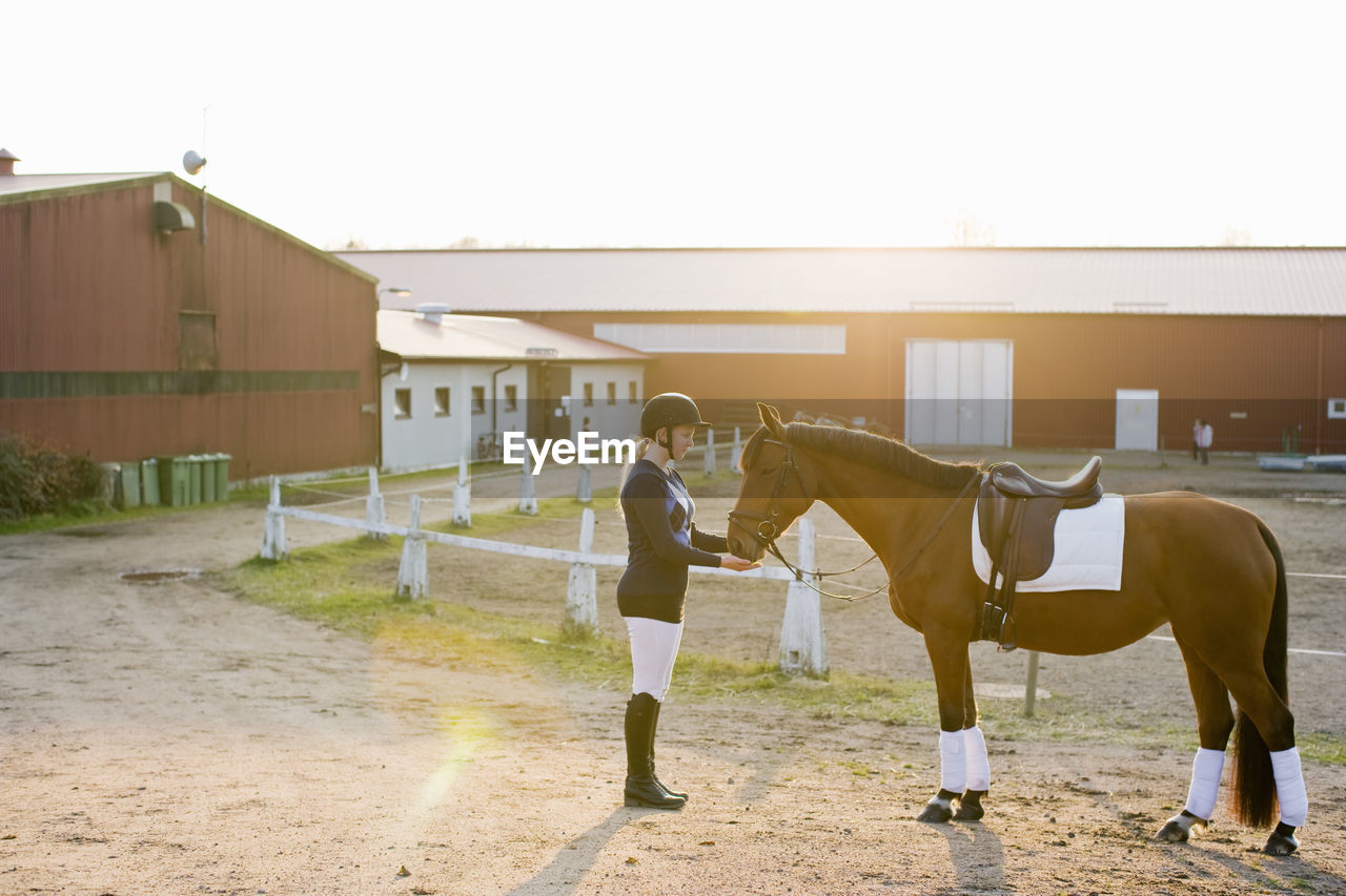 Teenage girl with horse standing against barn