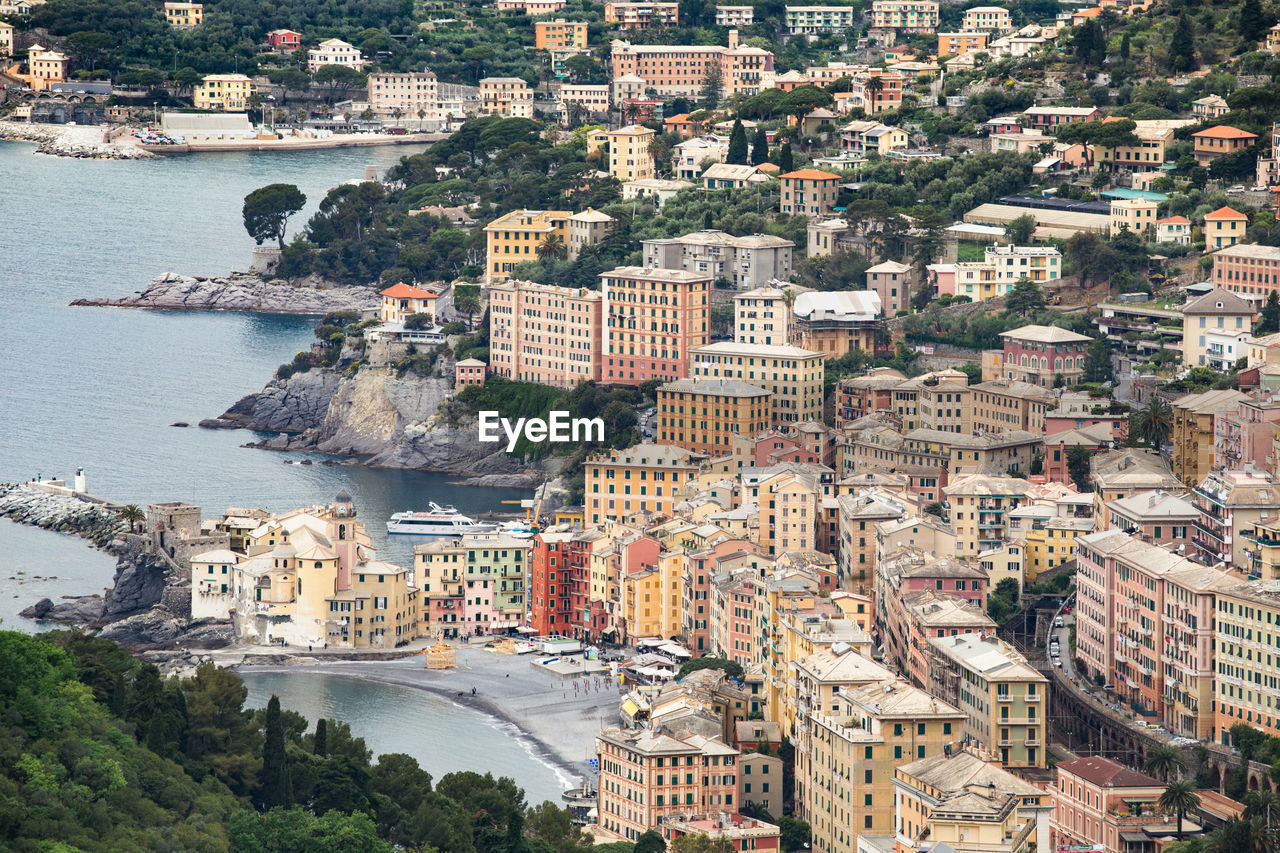 High angle view of buildings by sea at camogli