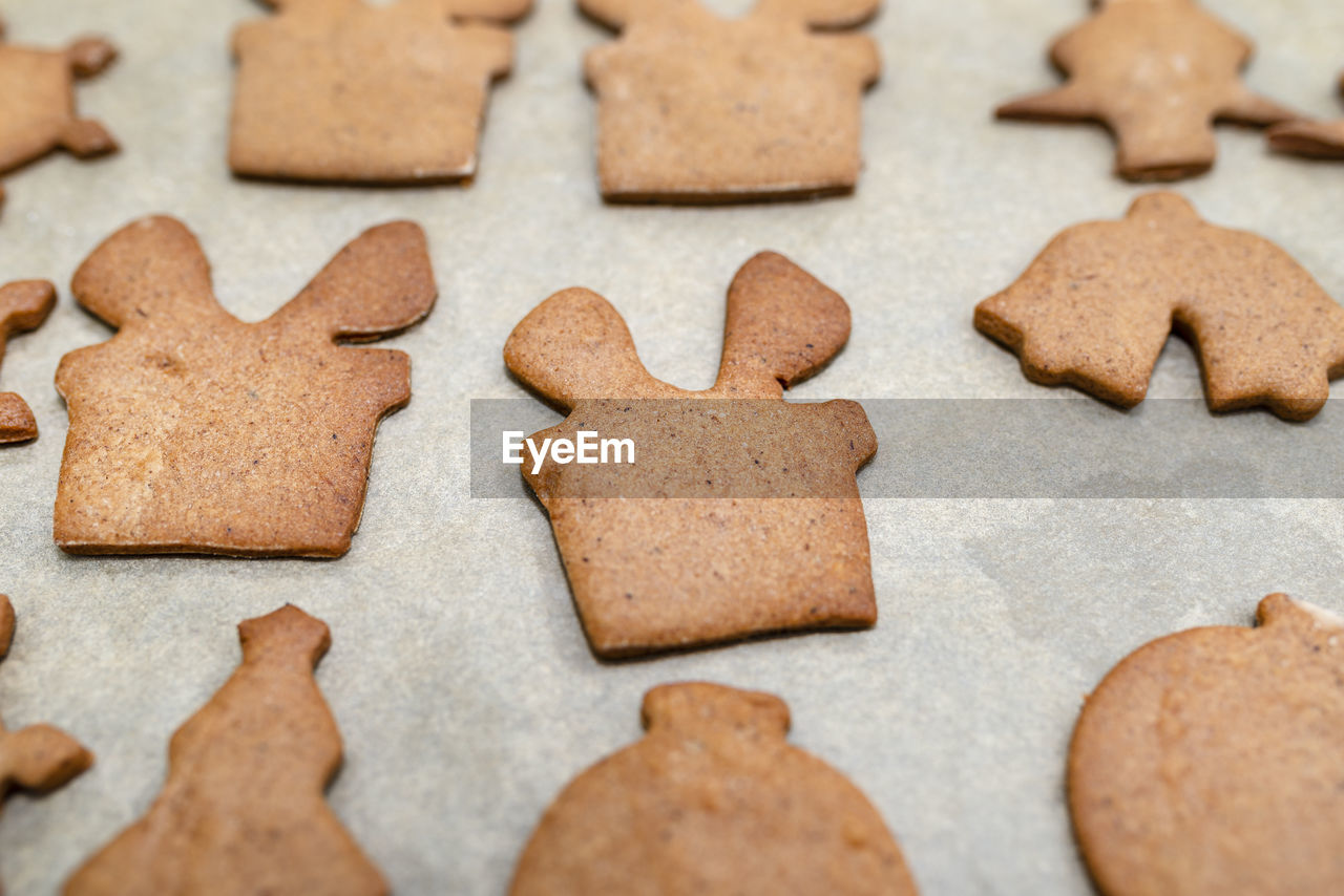 Baked gingerbread cookies in various shapes without decorations, lying on baking paper.