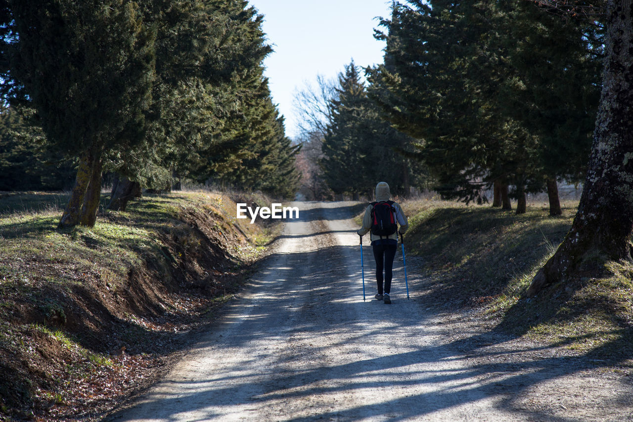 REAR VIEW OF MAN WALKING ON ROAD