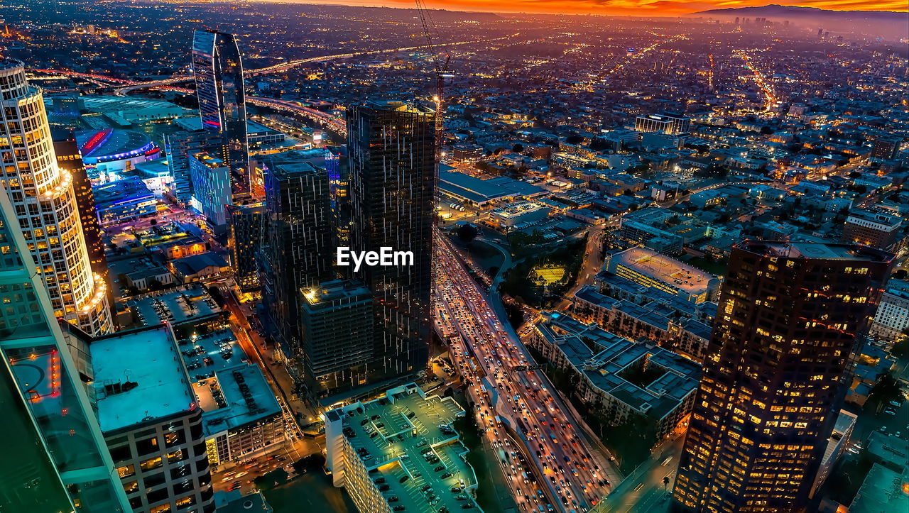 High angle view of illuminated buildings in city, down town, los angeles