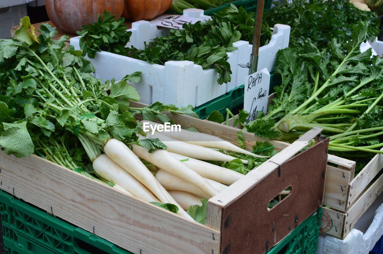 High angle view of vegetables for sale at market