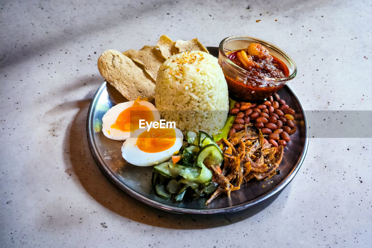 High angle view of food in plate on table