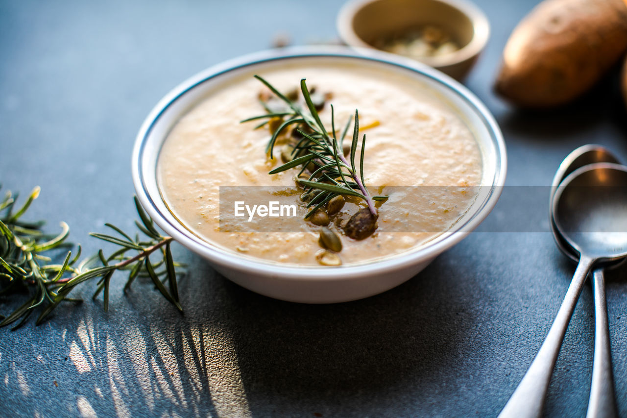 high angle view of food in bowl on table